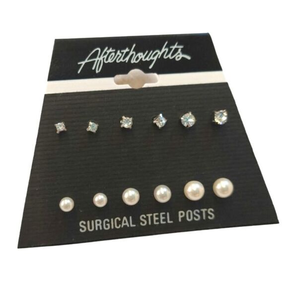 Aftertoughts 6 Pairs of Dainty Stud Earrings Pearls & Round Cut Crystals Posts - Picture 2 of 2